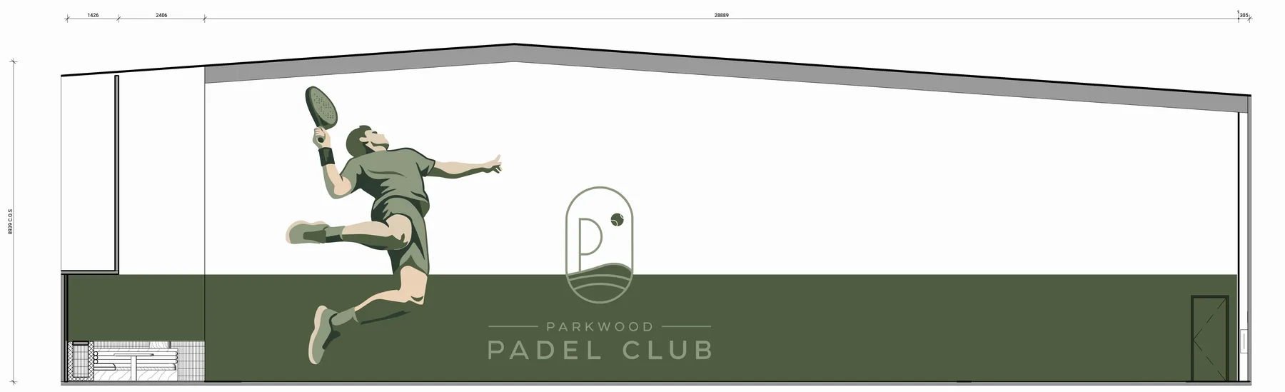 Elevation drawing from the brand guide: the leaping padel player and the Parkwood Padel Club logo painted on the wall at the entry of Court 1, over a green band